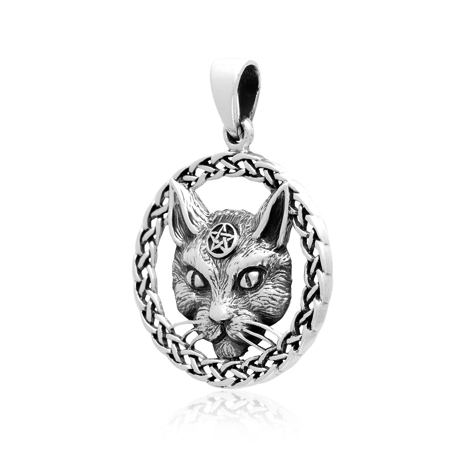 925 Sterling Silver Wiccan Cat Pendant with Pentagram