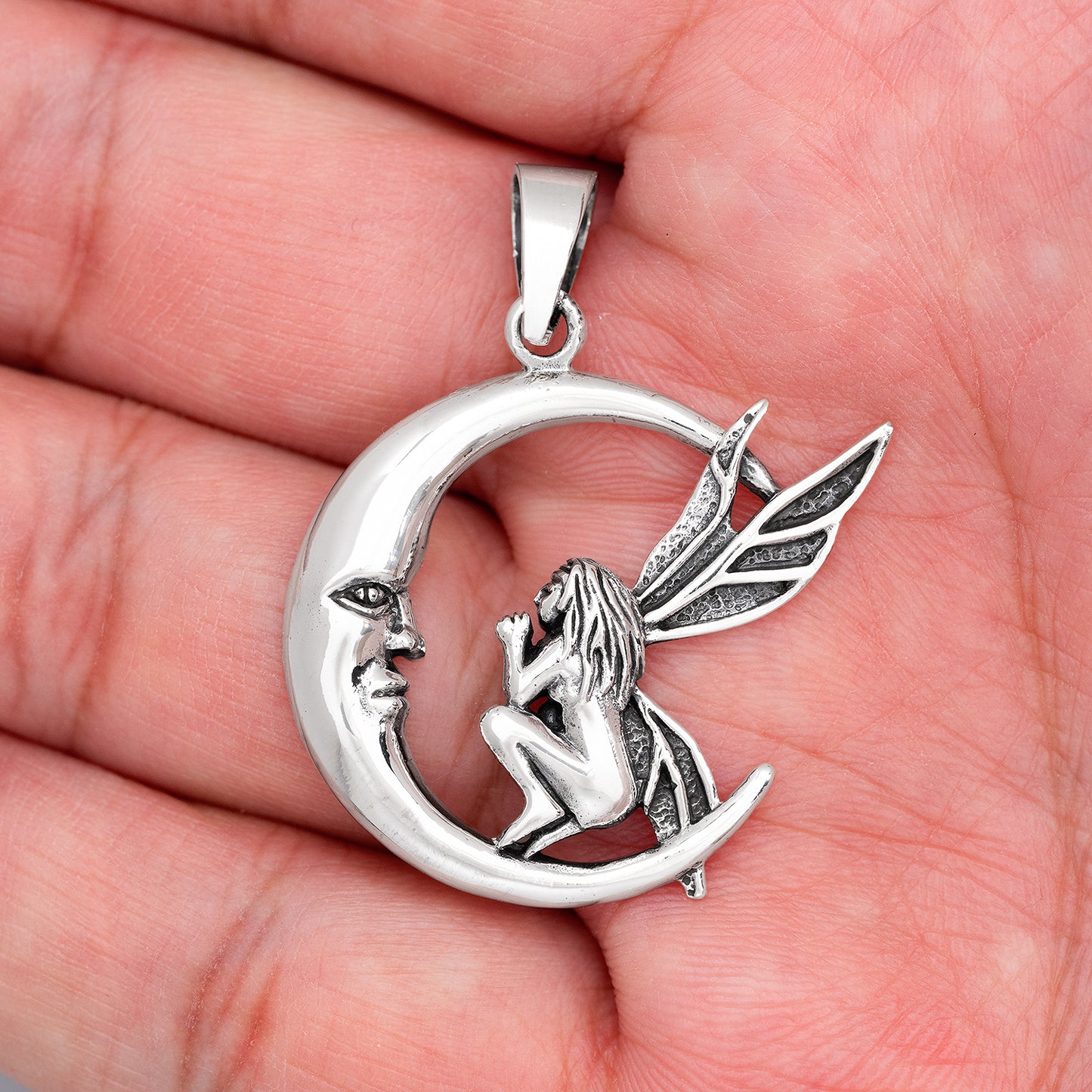 Sterling Silver Fairy Angel on Crescent Moon Pendant