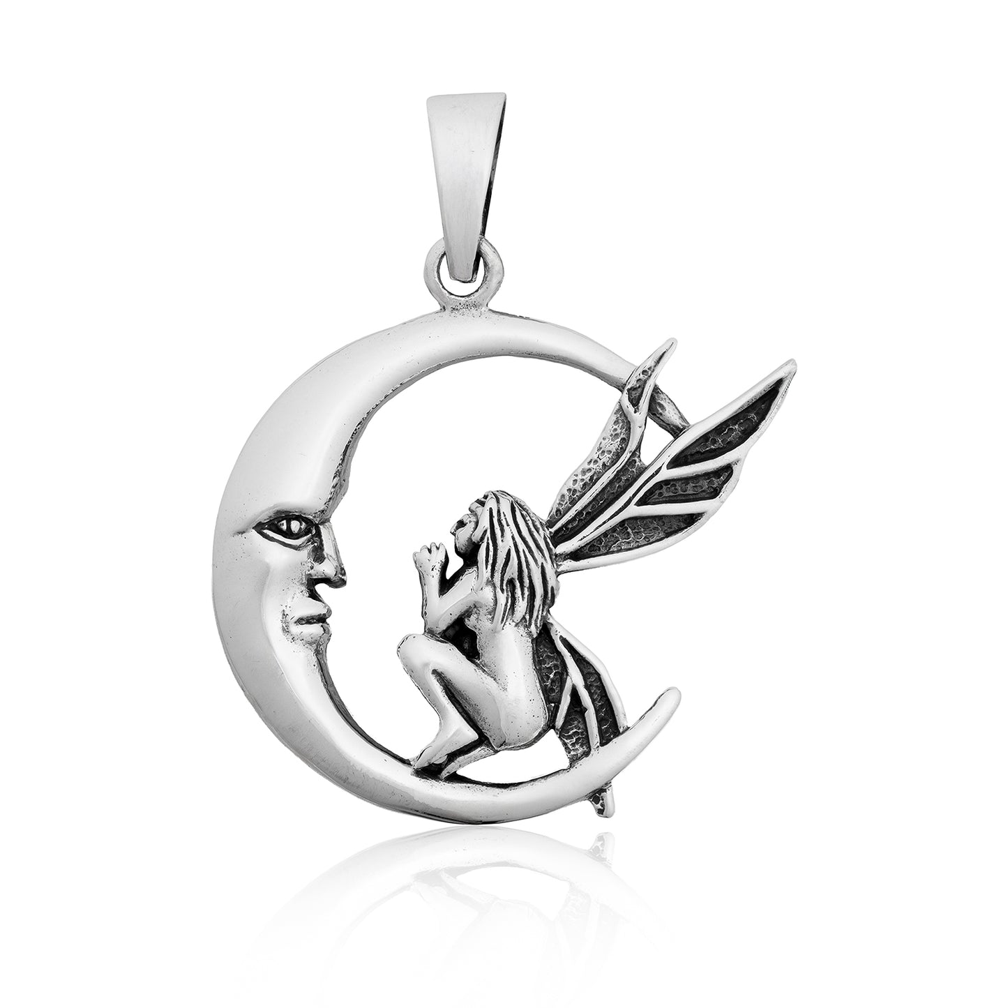 Sterling Silver Fairy Angel on Crescent Moon Pendant