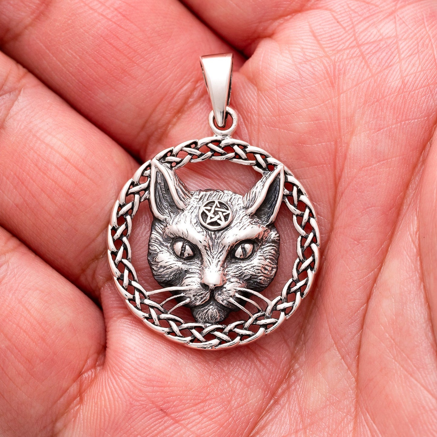 925 Sterling Silver Wiccan Cat Pendant with Pentagram - SilverMania925