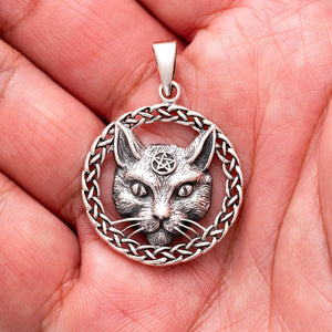 925 Sterling Silver Wiccan Cat Pendant with Pentagram