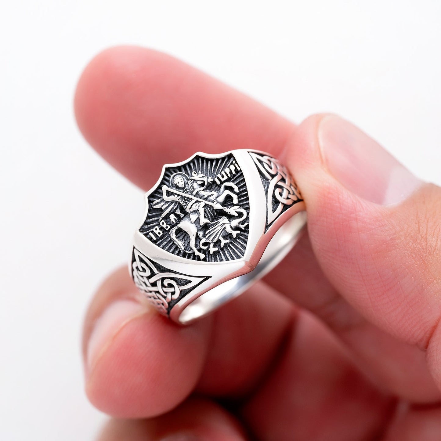 925 Sterling Silver Saint George Slaying Dragon Ring - SilverMania925