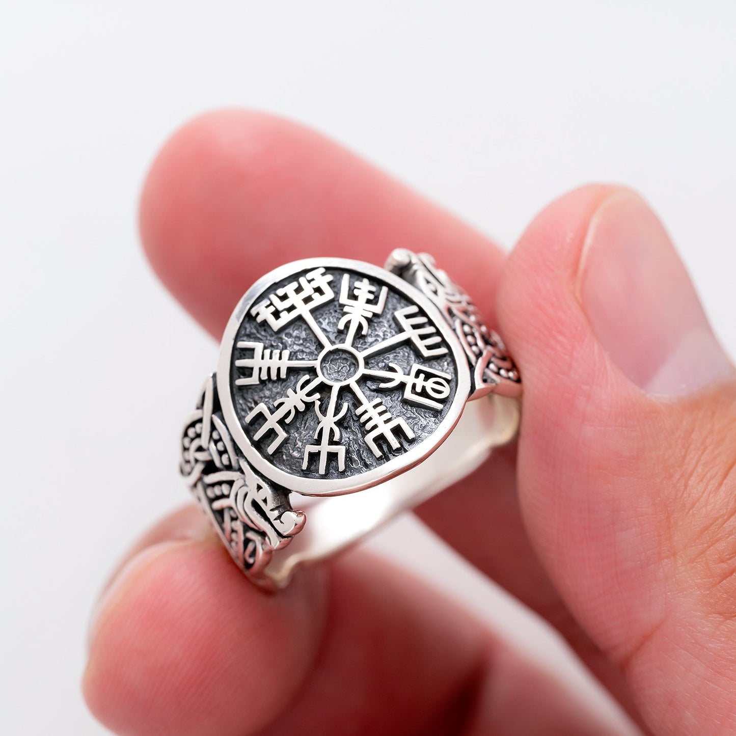 925 Sterling Silver Vegvisir Ring with Jormungand Motif - SilverMania925