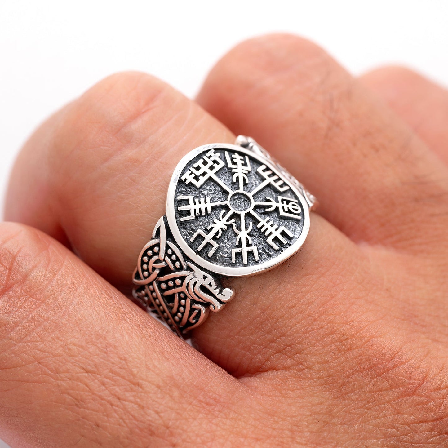 925 Sterling Silver Vegvisir Ring with Jormungand Motif - SilverMania925