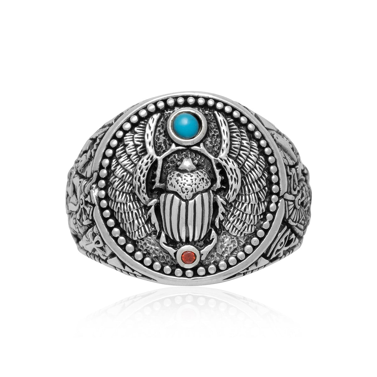 Sarab Rang 925 Sterling Silver Scarab and Anubis Ring with Turquoise