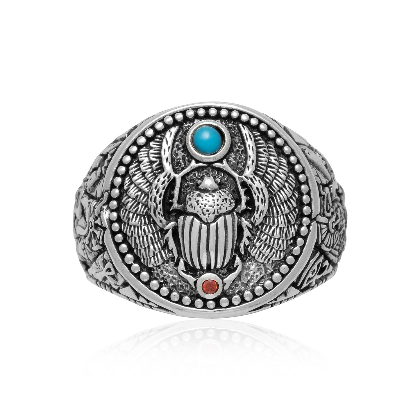 925 Sterling Silver Scarab and Anubis Ring with Turquoise - SilverMania925