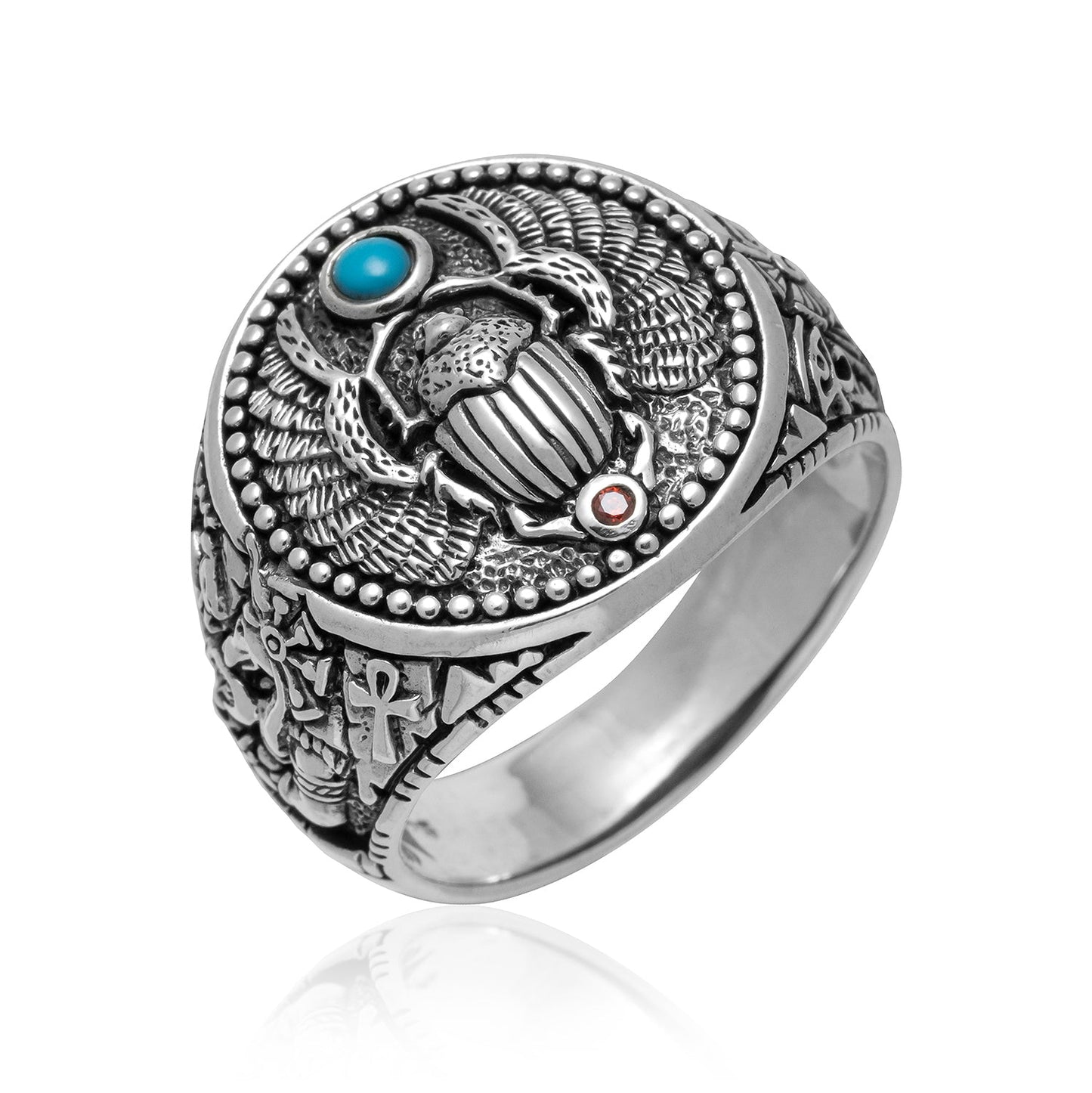 925 Sterling Silver Scarab and Anubis Ring with Turquoise - SilverMania925