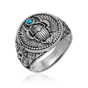 925 Sterling Silver Scarab and Anubis Ring with Turquoise