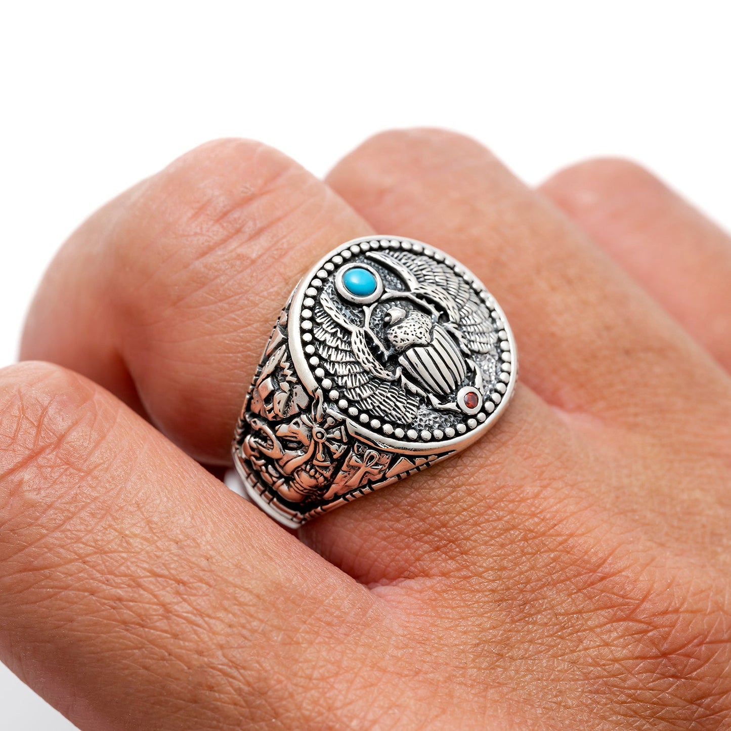 925 Sterling Silver Scarab and Anubis Ring with Turquoise - SilverMania925
