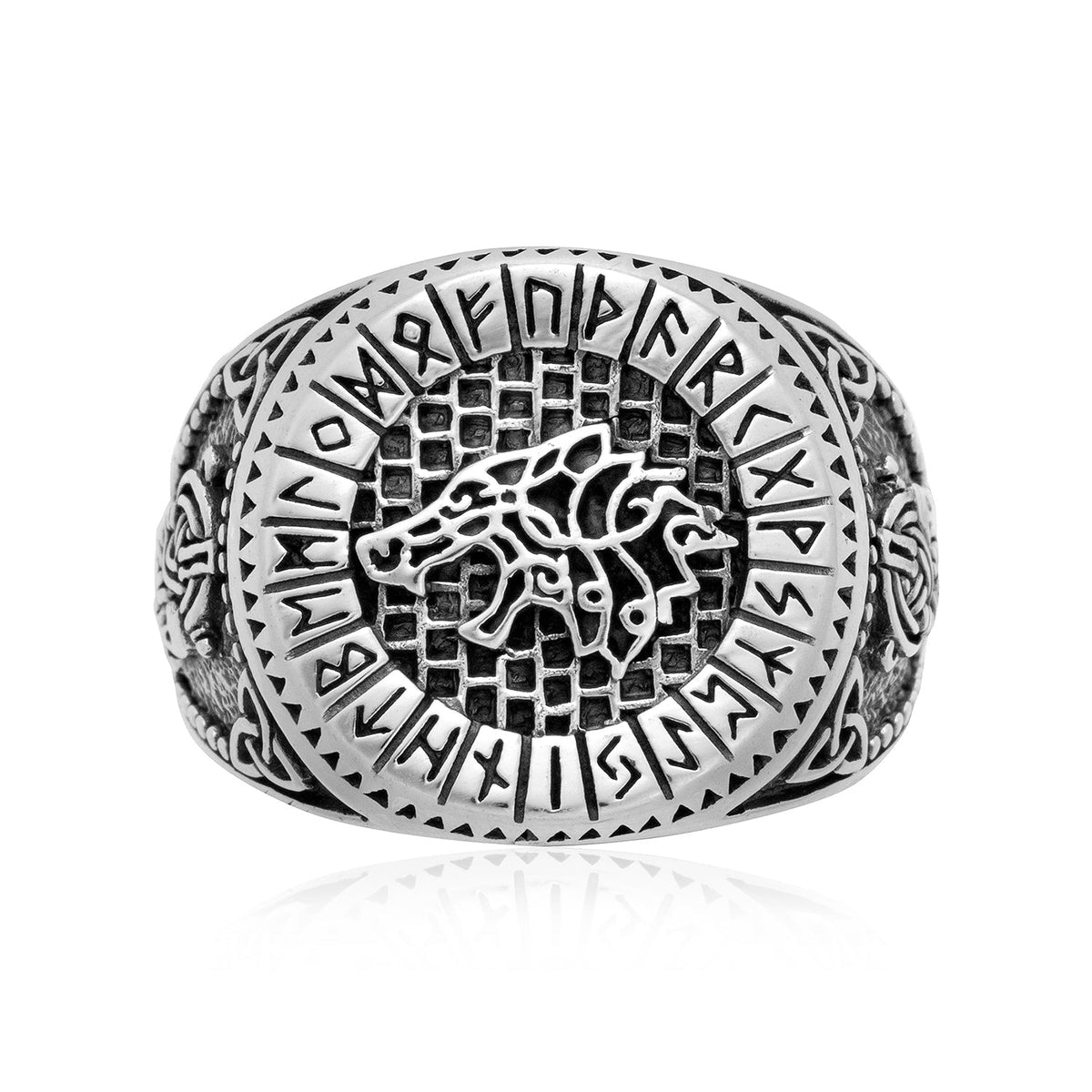 925 Sterling Silver Viking Wolf and Norse Runes Ring - SilverMania925