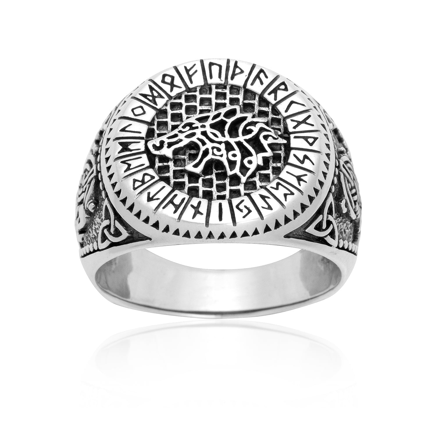 925 Sterling Silver Viking Wolf and Norse Runes Ring