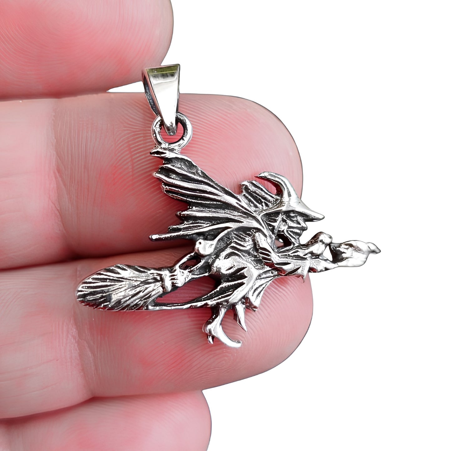 Sterling Silver Flying Witch on Broomstick Pendant