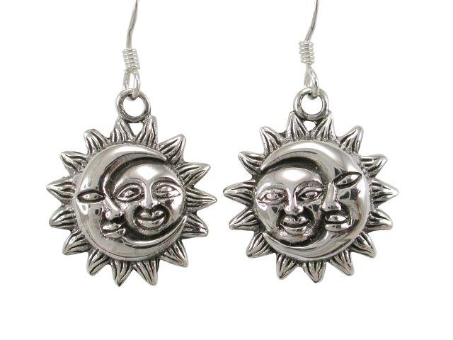 925 Sterling Silver Sun Crescent Moon Face Heaven Sky Dangle Earrings Set