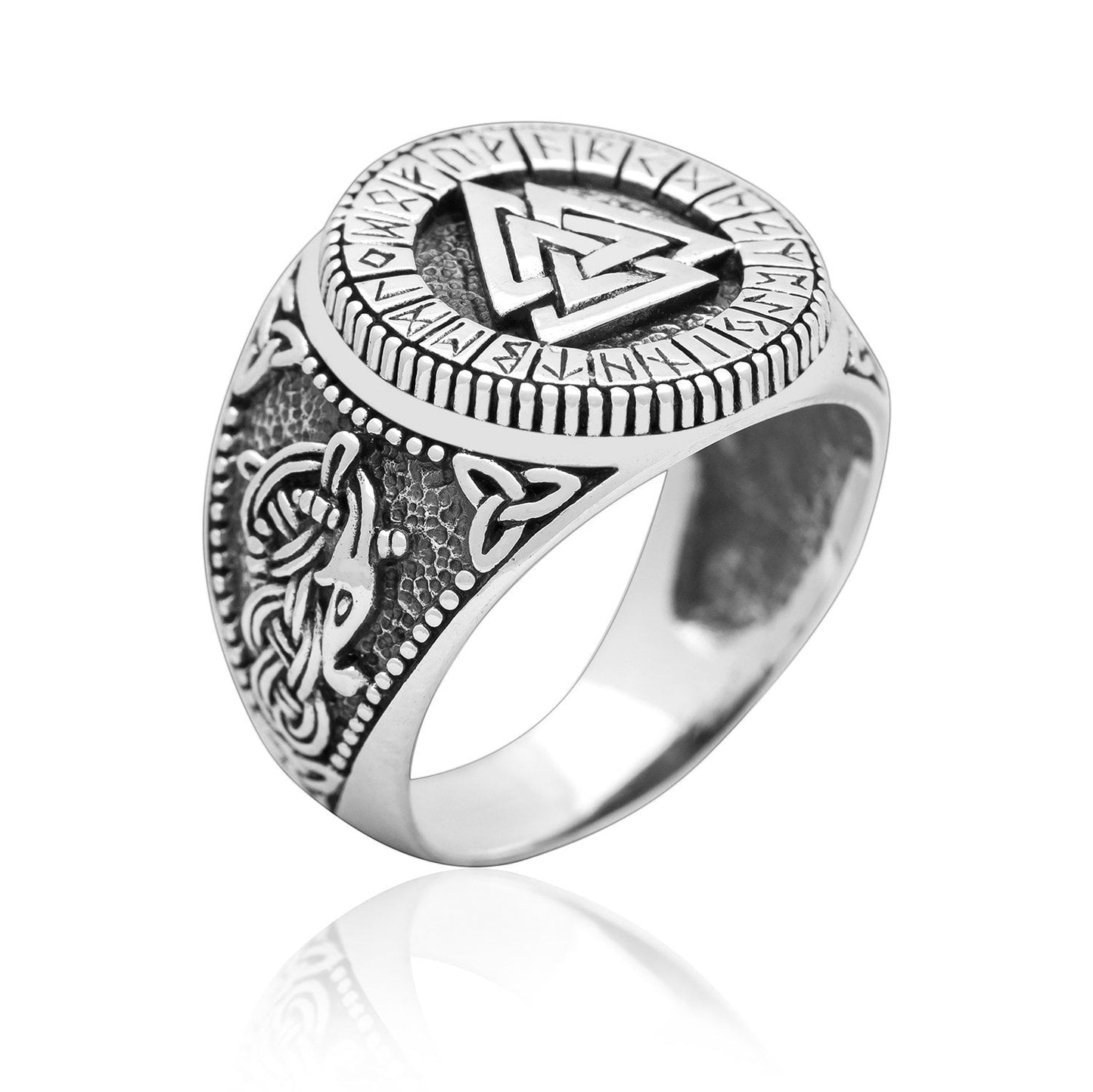 925 Sterling Silver Viking Valknut Runes Jormungand Handcrafted Ring - SilverMania925
