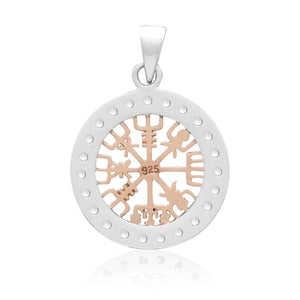 925 Sterling Silver with Rose Gold Viking Vegvisir and Cubic Zirconia Charm