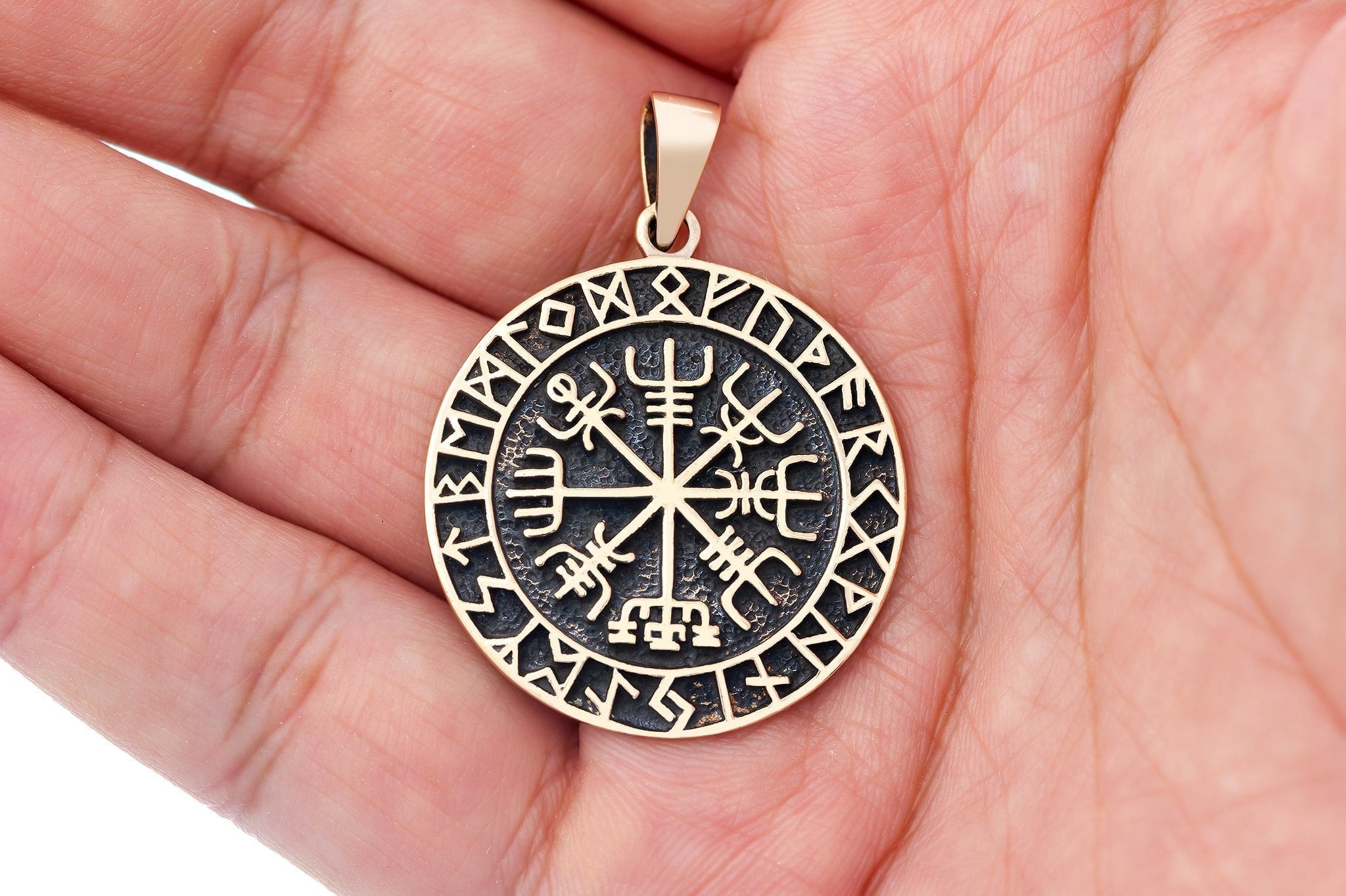 Viking Vegvisir with Runes Bronze Handcrafted Pendant - SilverMania925