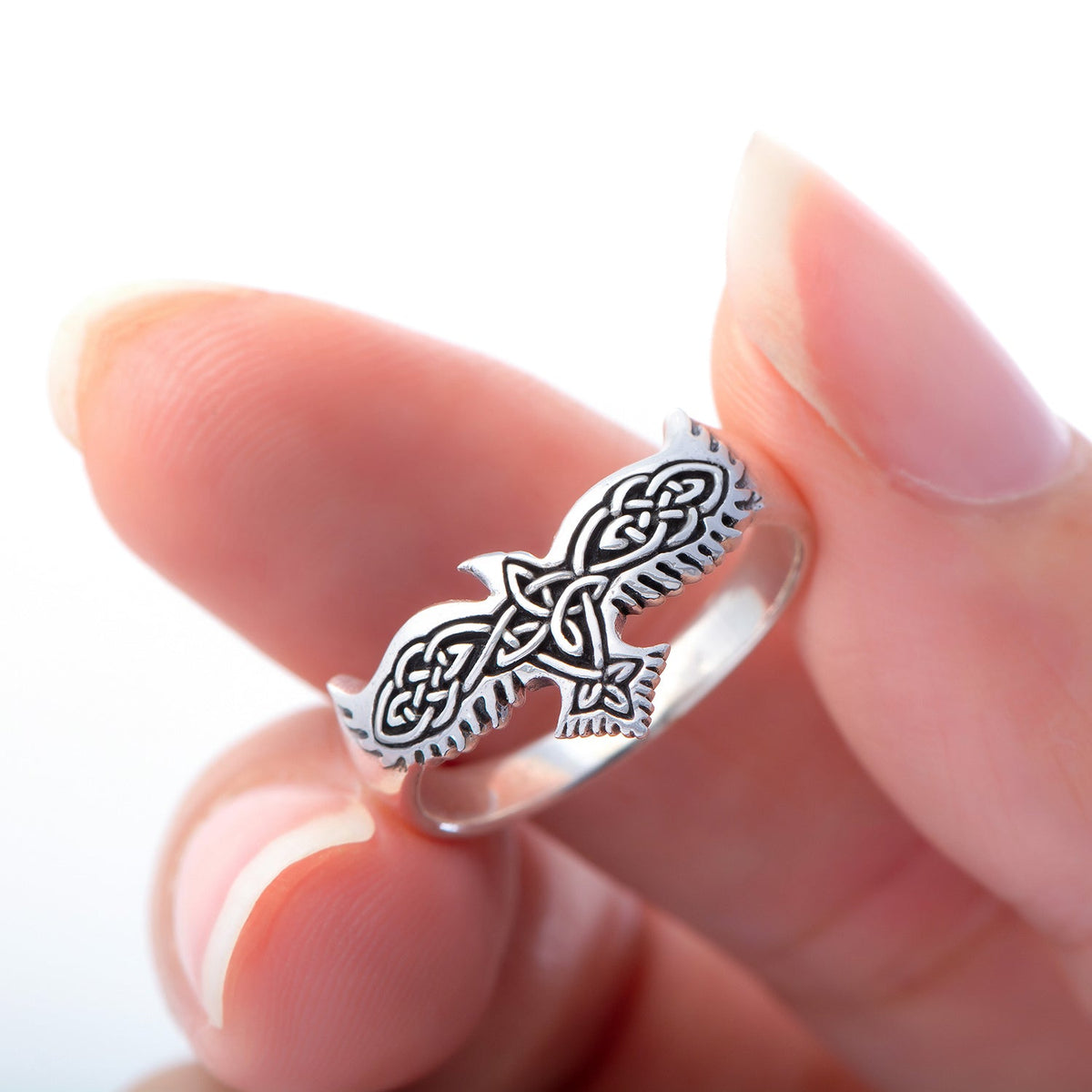 925 Sterling Silver Viking Raven Ring with Celtic Knotwork - SilverMania925