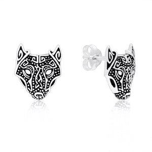 925 Sterling Silver Viking Wolf Head Stud Earrings Set