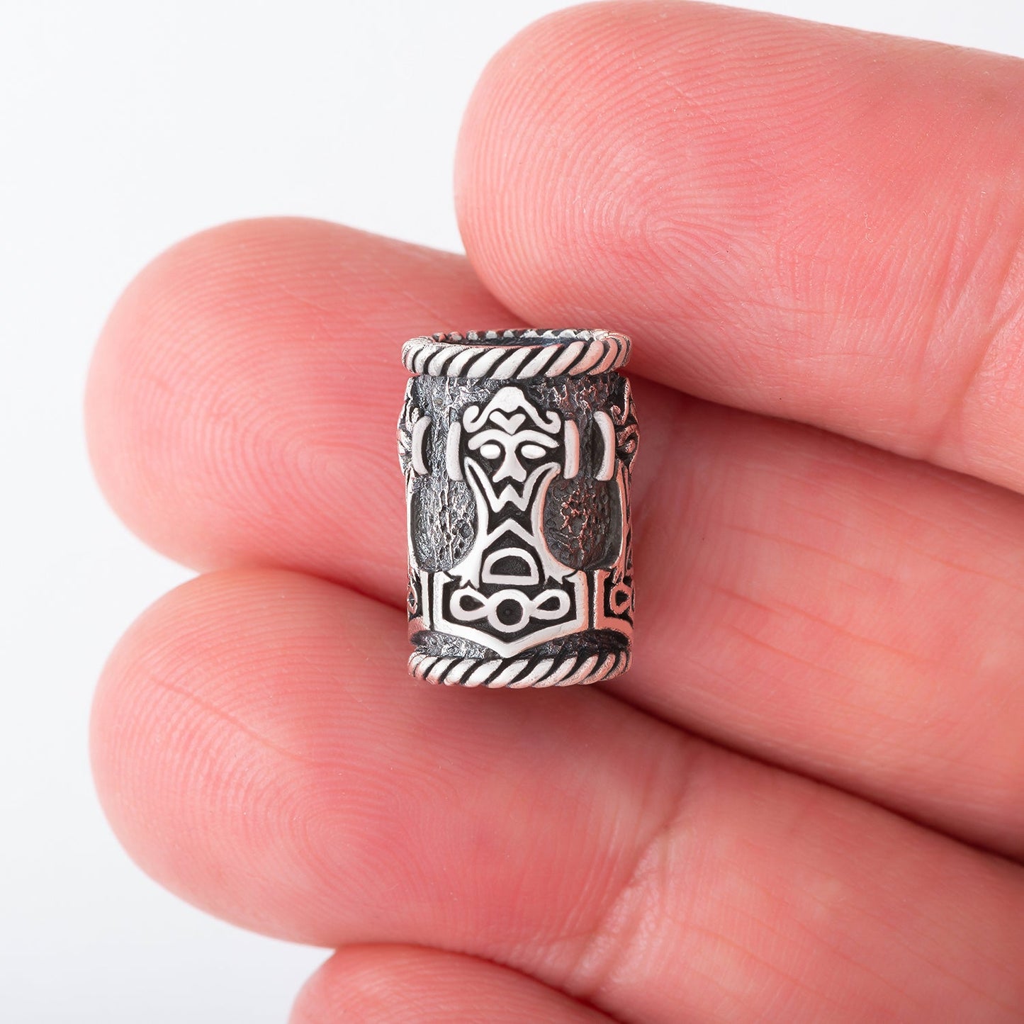 Sterling Silver Viking Beard Bead with Mjolnir and Odin - SilverMania925
