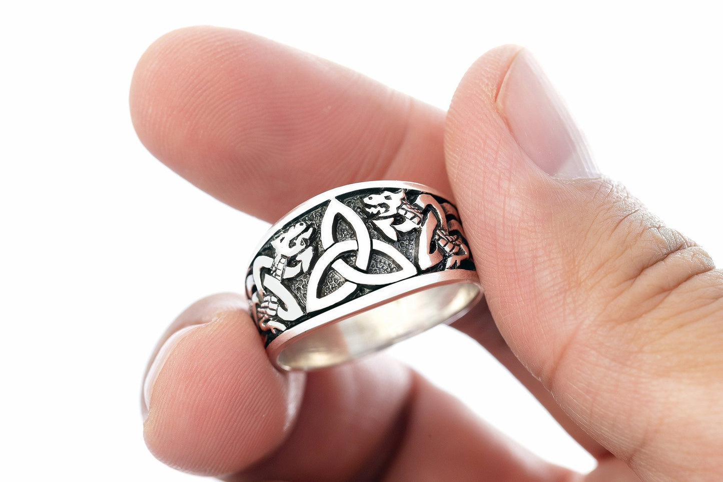 925 Sterling Silver Triquetra Band Ring with Jormungand - SilverMania925