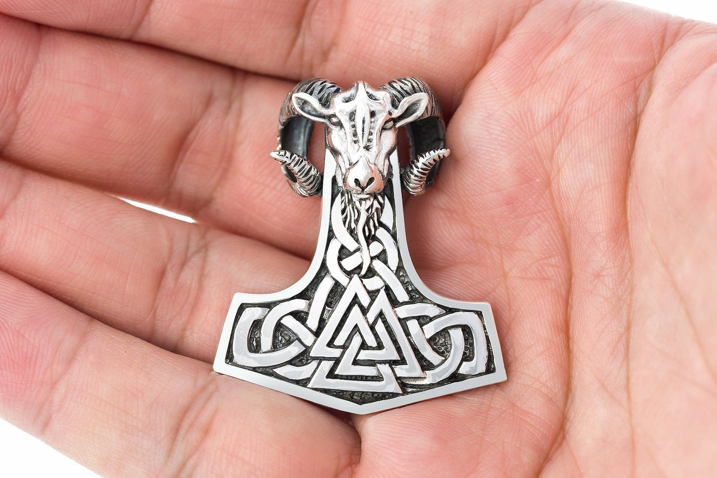 925 Sterling Silver Viking Mjolnir Ram Amulet with Valknut - SilverMania925