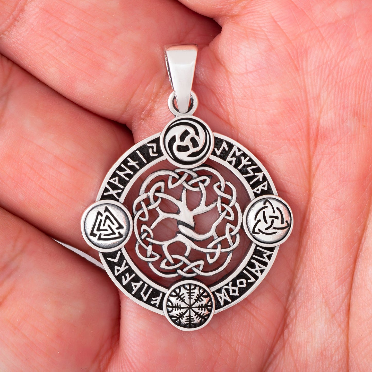 925 Silver Yggdrasil Pendant with Pagan Symbols and Runes - SilverMania925