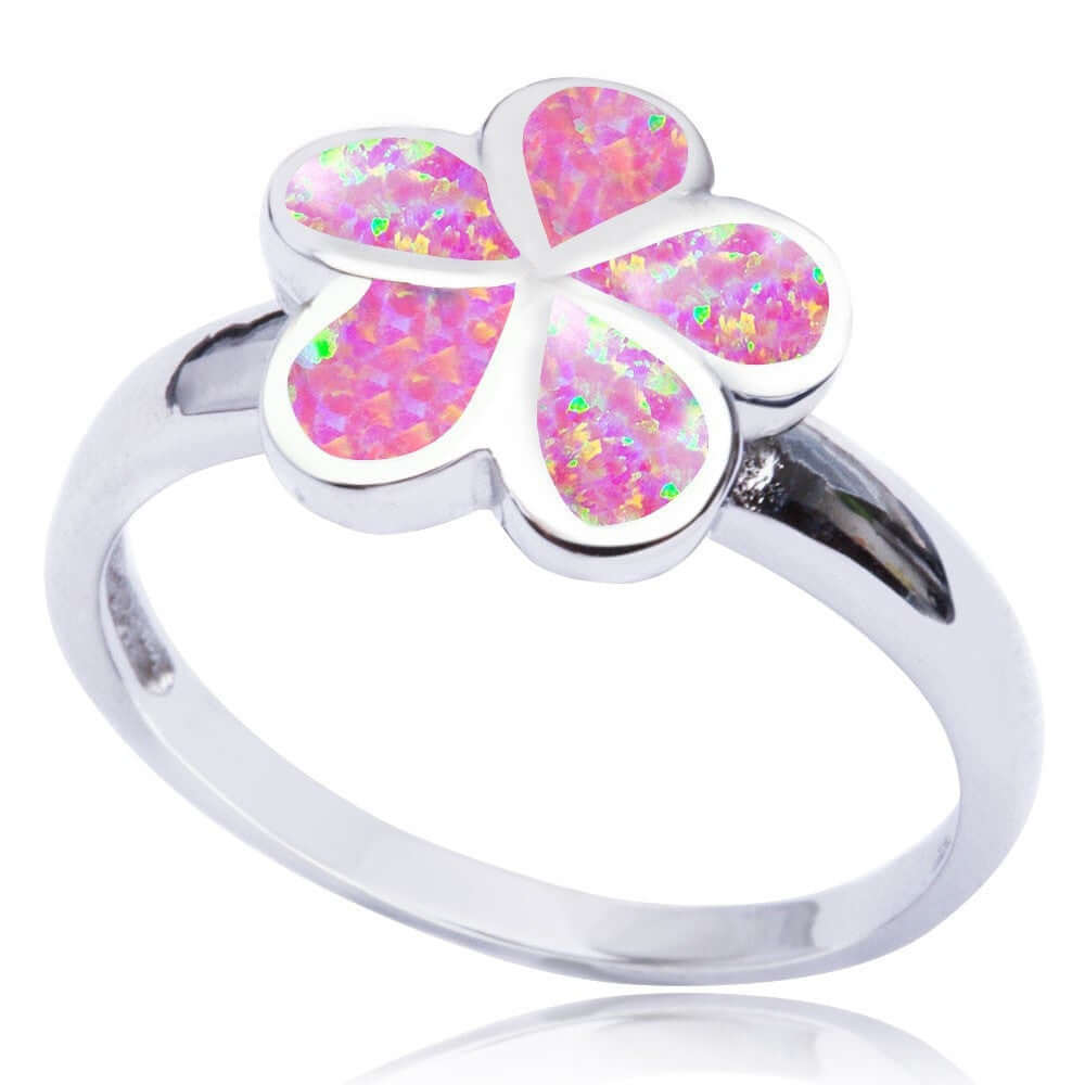 925 Sterling Silver Pink Inlay Fire Opal Plumeria Flower Lovely Band Ring - SilverMania925