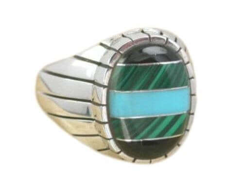 925 Sterling Silver Mens Oval Onyx Malachite Turquoise Stone Set Thick Band Ring - SilverMania925