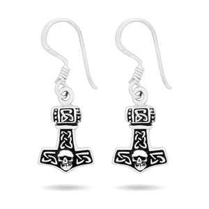 925 Sterling Silver Viking Mjolnir Earrings Set with Skull