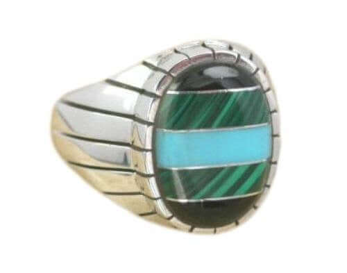925 Sterling Silver Mens Oval Onyx Malachite Turquoise Stone Set Thick Band Ring