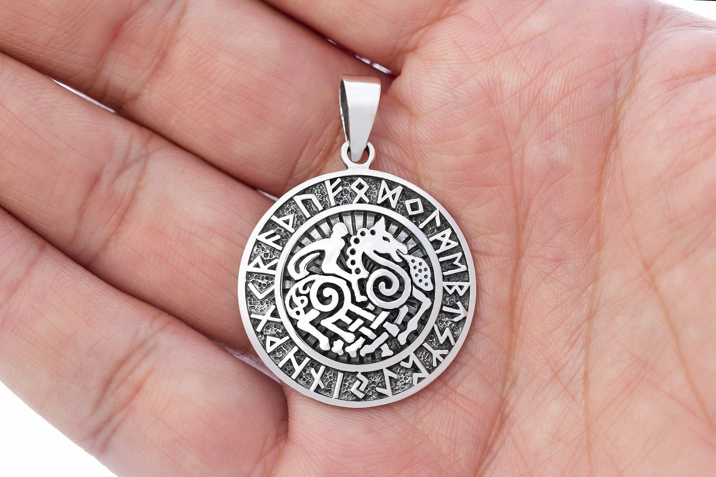 925 Sterling Silver Viking Sleipnir Pendant with Runes - SilverMania925