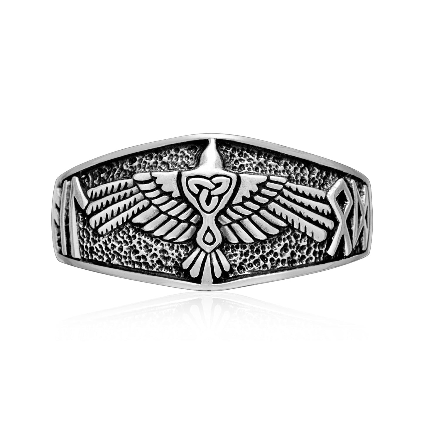 925 Sterling Silver Viking Raven Ring with Heil Odin Runic Script - SilverMania925