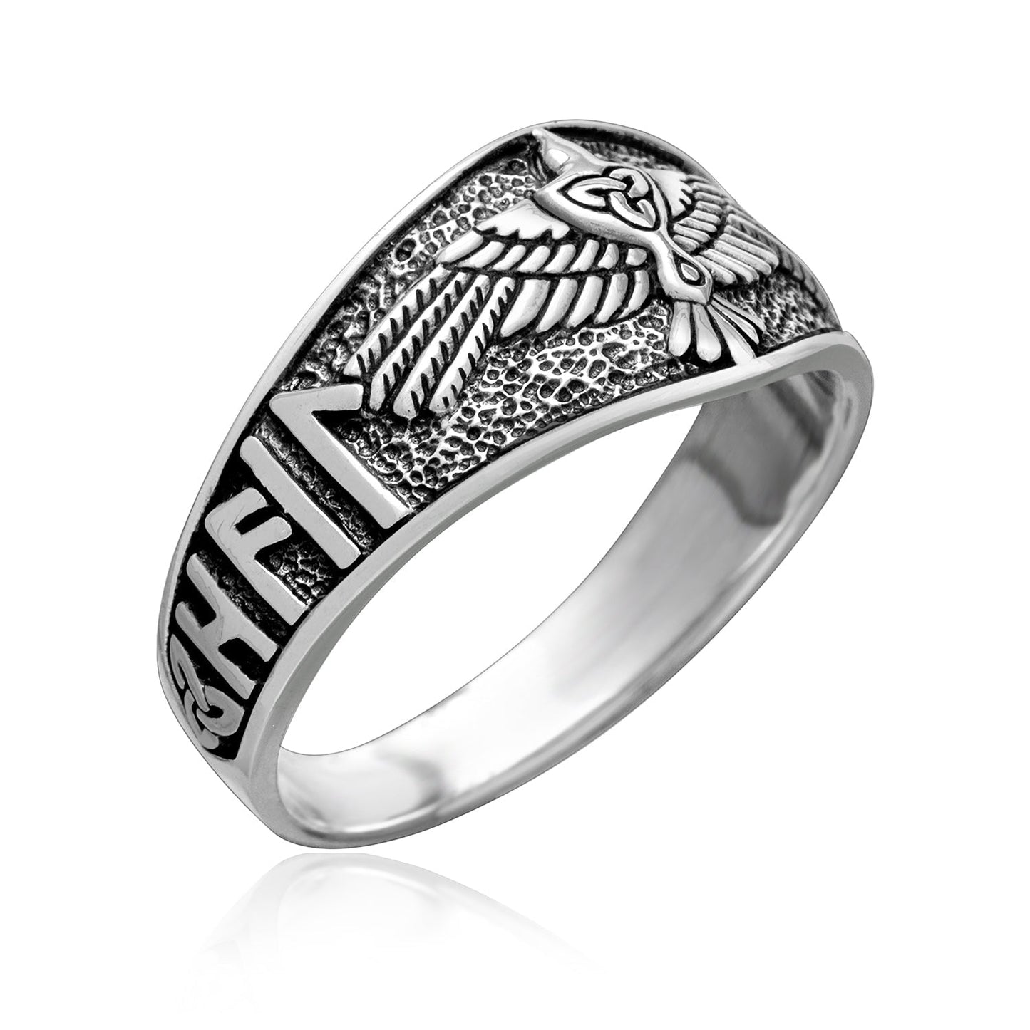 925 Sterling Silver Viking Raven Ring with Heil Odin Runic Script - SilverMania925