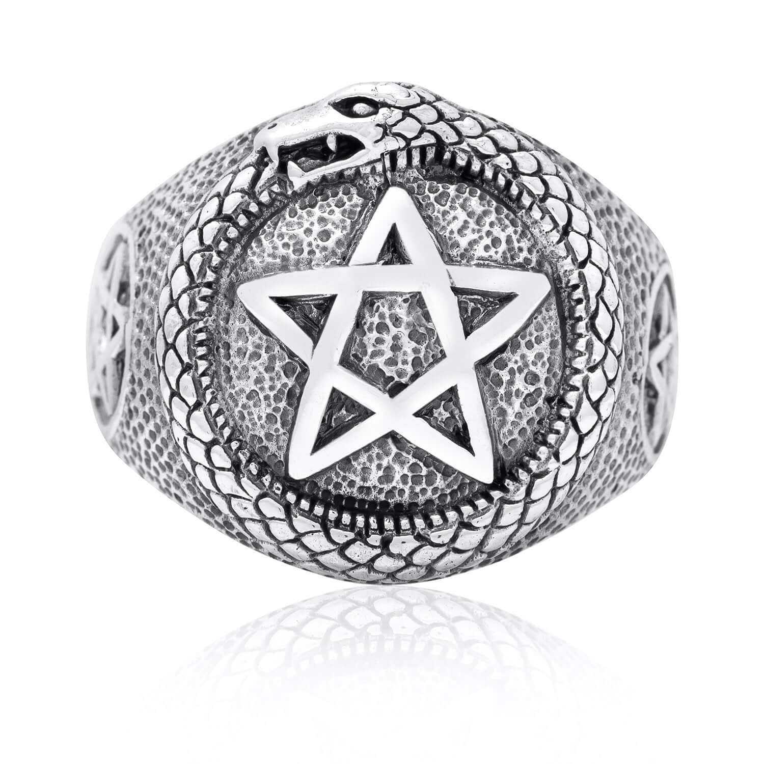 925 Sterling Silver Ouroboros Pentagram Masonic Ring