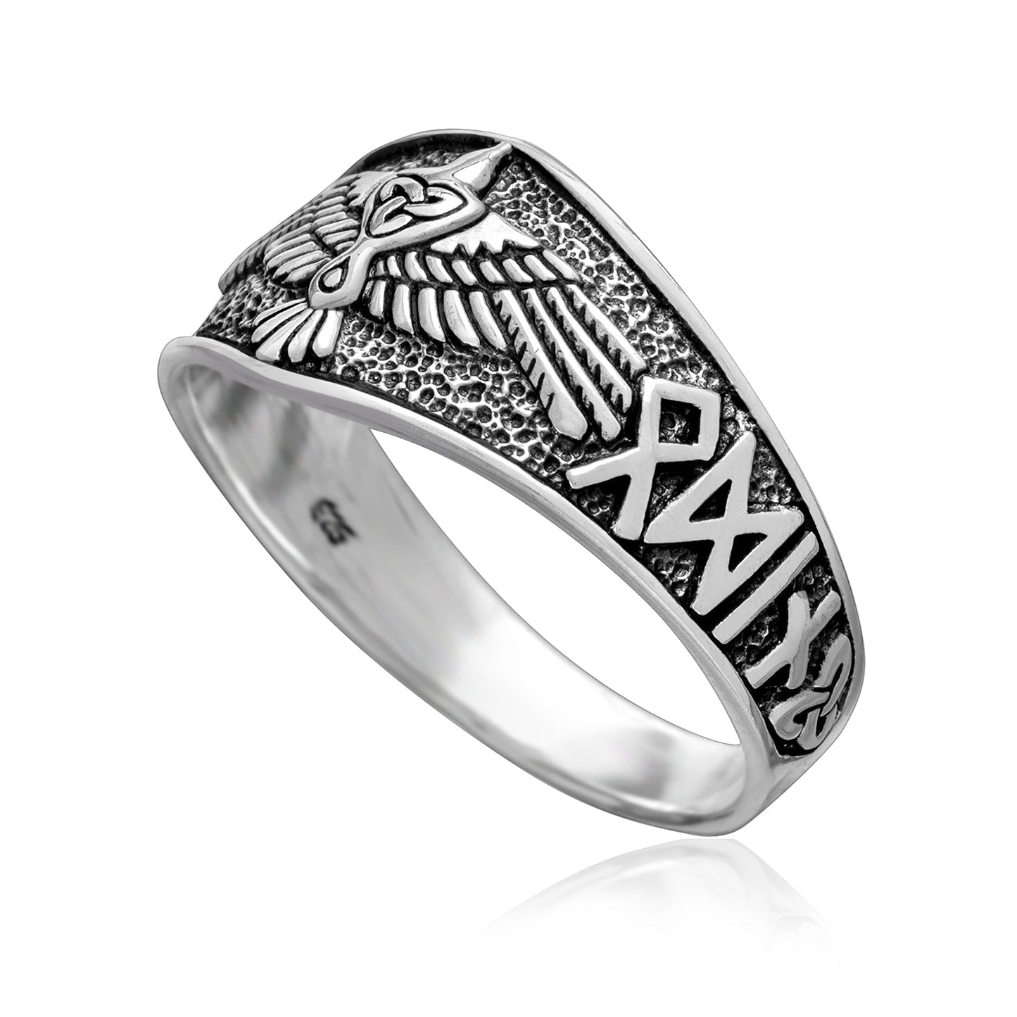 925 Sterling Silver Viking Raven Ring with Heil Odin Runic Script - SilverMania925