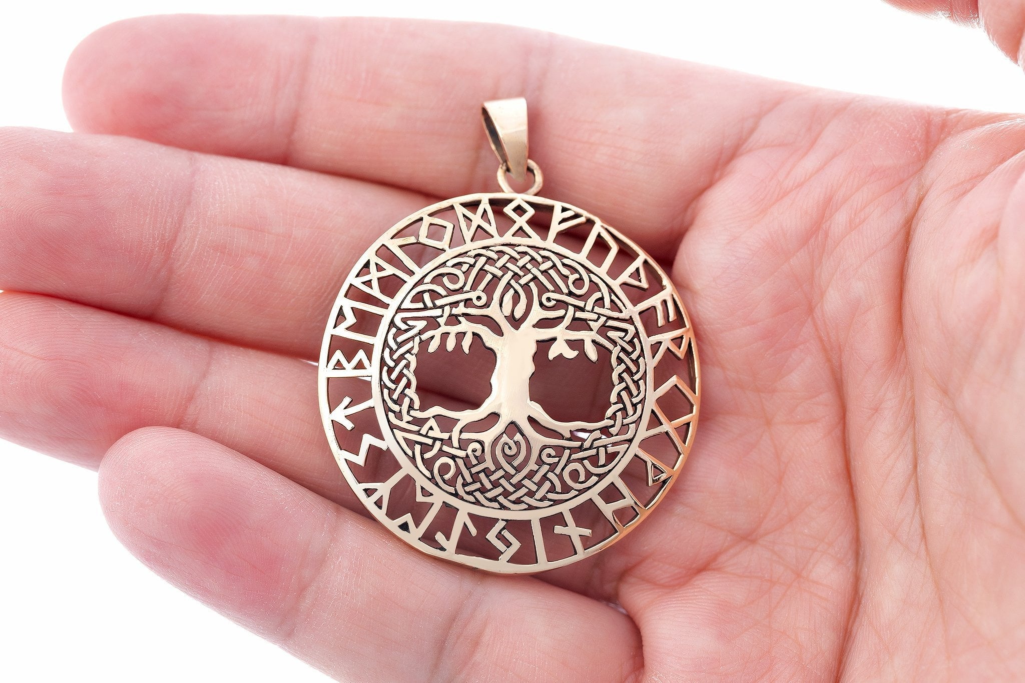 Tree of Life with Runes Bronze Handcrafted Pendant - SilverMania925