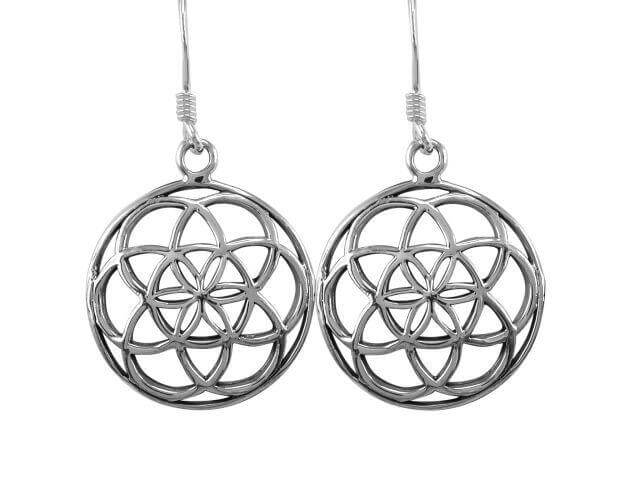 925 Sterling Silver Flower of Life Sacred Geometry Spiritual Dangle Round Earrings Set - SilverMania925