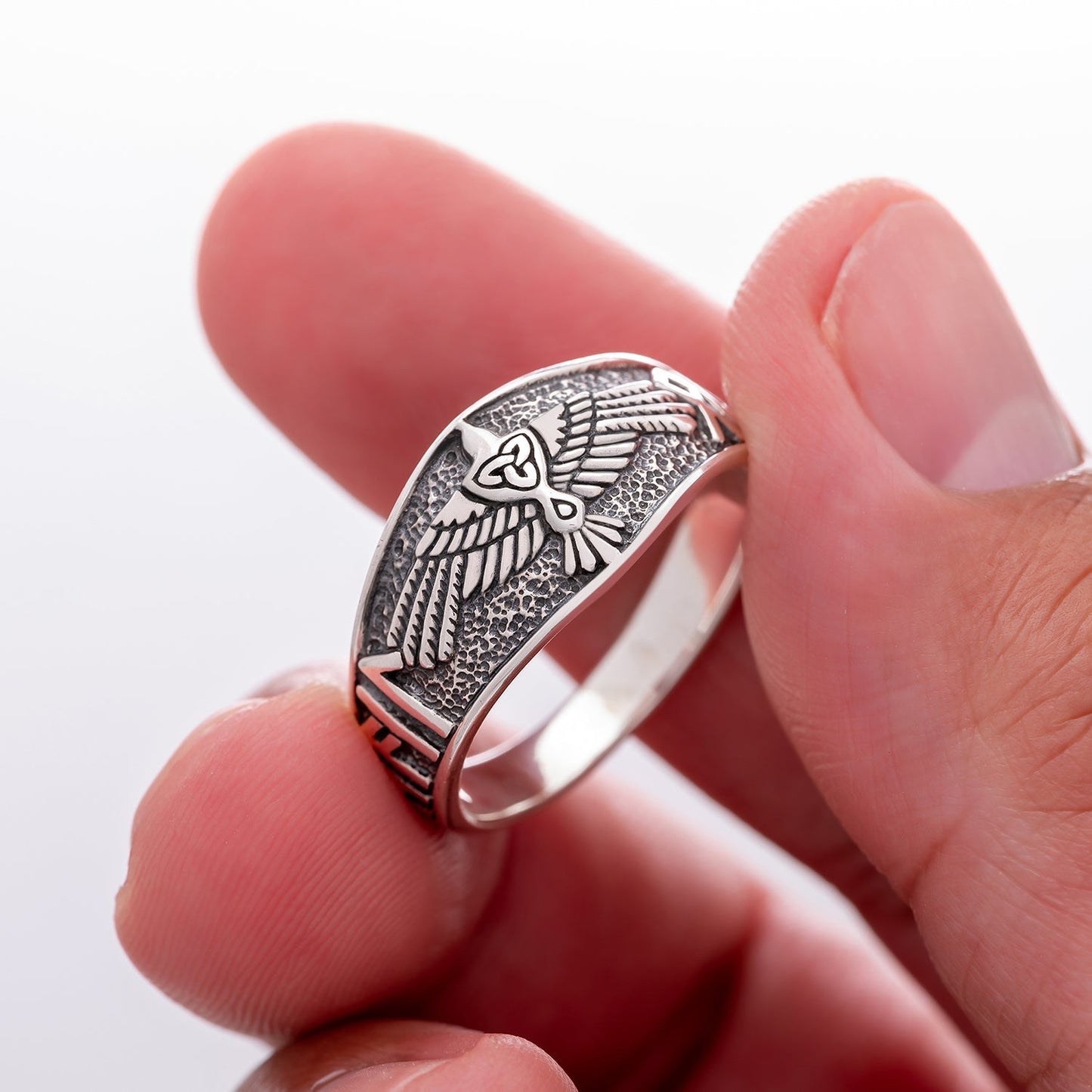 925 Sterling Silver Viking Raven Ring with Heil Odin Runic Script - SilverMania925