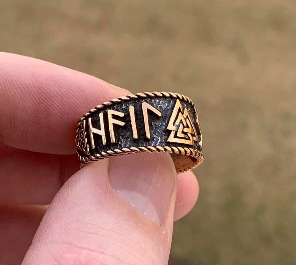 Viking Valknut with Runes Legendary Bronze Ring - SilverMania925