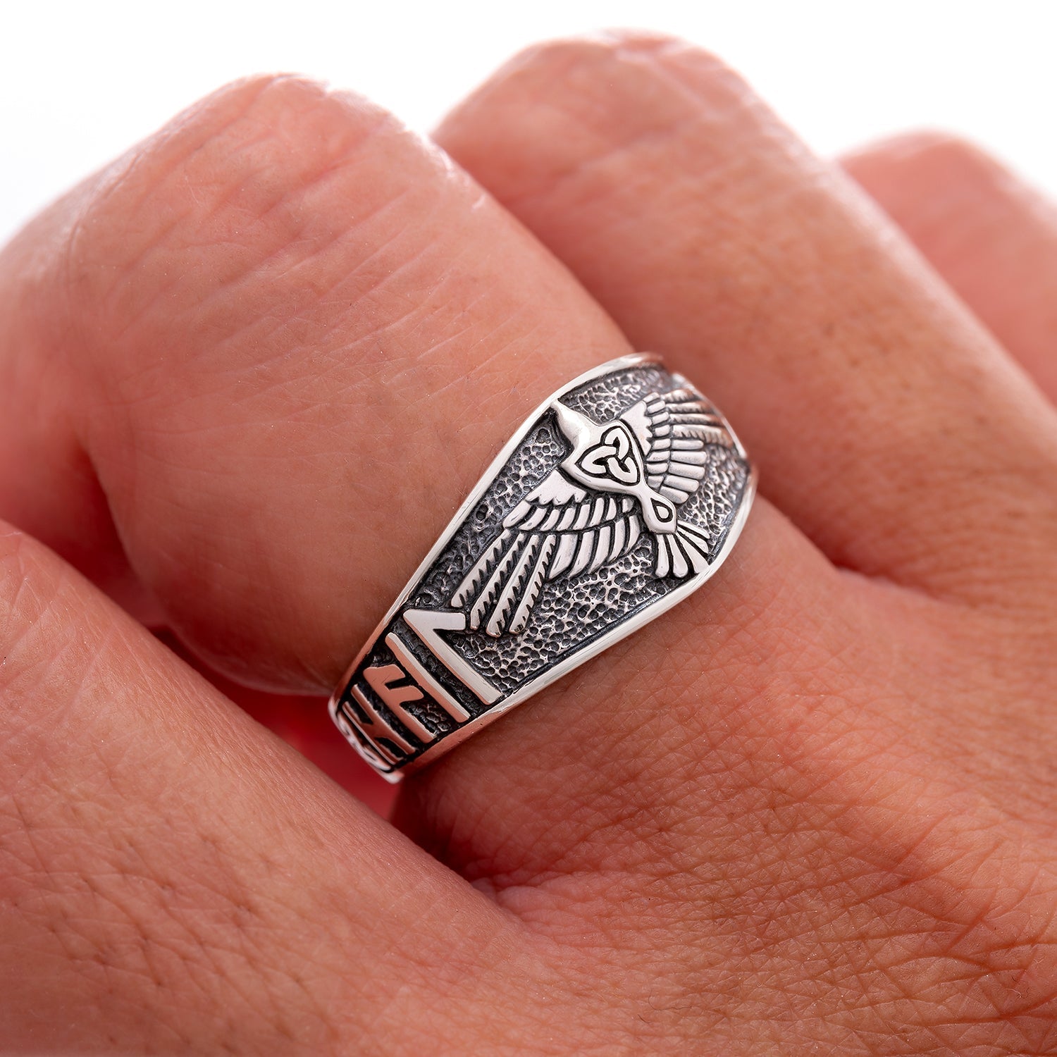 925 Sterling Silver Viking Raven Ring with Heil Odin Runic Script - SilverMania925