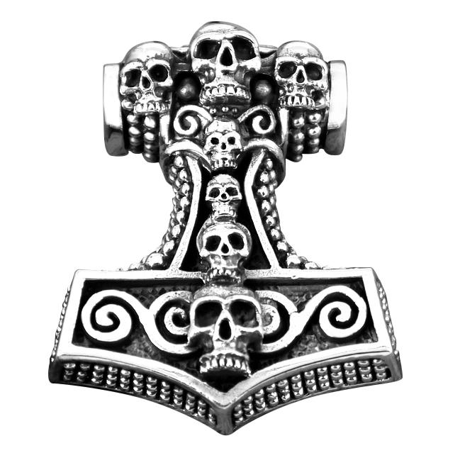 925 Sterling Silver Viking Thor Hammer Mjolnir Gothic Skulls Tomb Amulet Pendant - SilverMania925