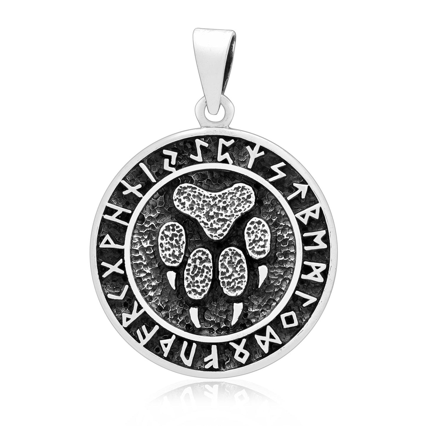 925 Sterling Silver Viking Bear Paw Footprint Pendant with Runes - SilverMania925