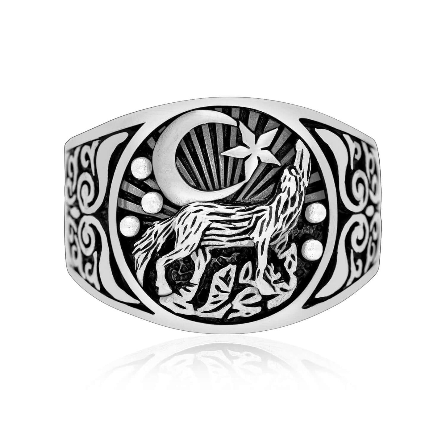 925 Sterling Silver Howling Wolf Wiccan Ring - SilverMania925
