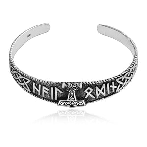 925 Sterling Silver Mjolnir with Hail Odin Runes Bangle