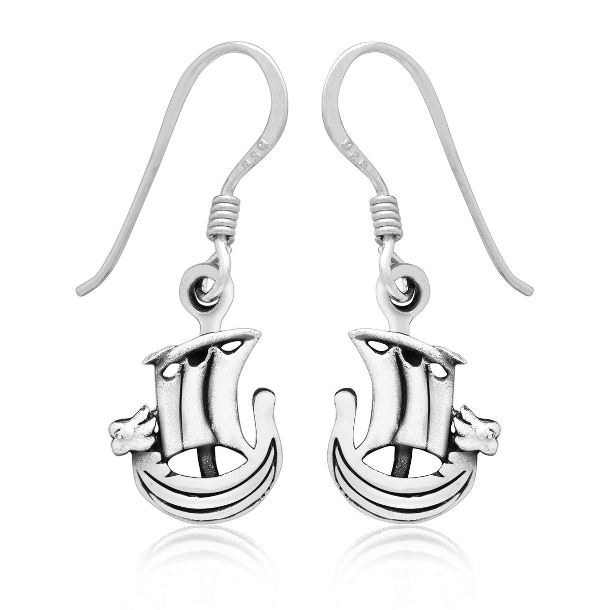 925 Sterling Silver Viking Norse Boat Dangle Earrings - SilverMania925