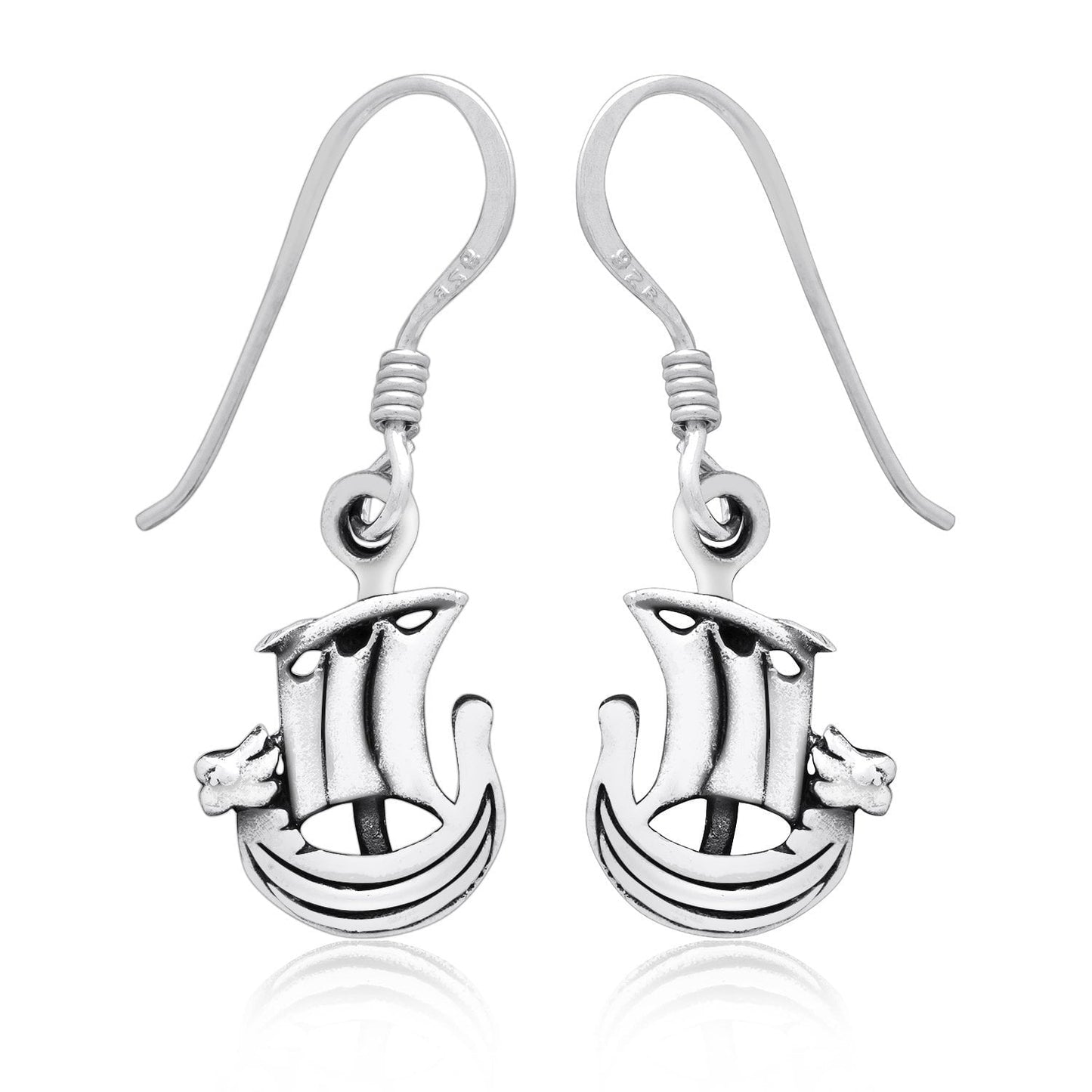 925 Sterling Silver Viking Norse Boat Dangle Earrings - SilverMania925