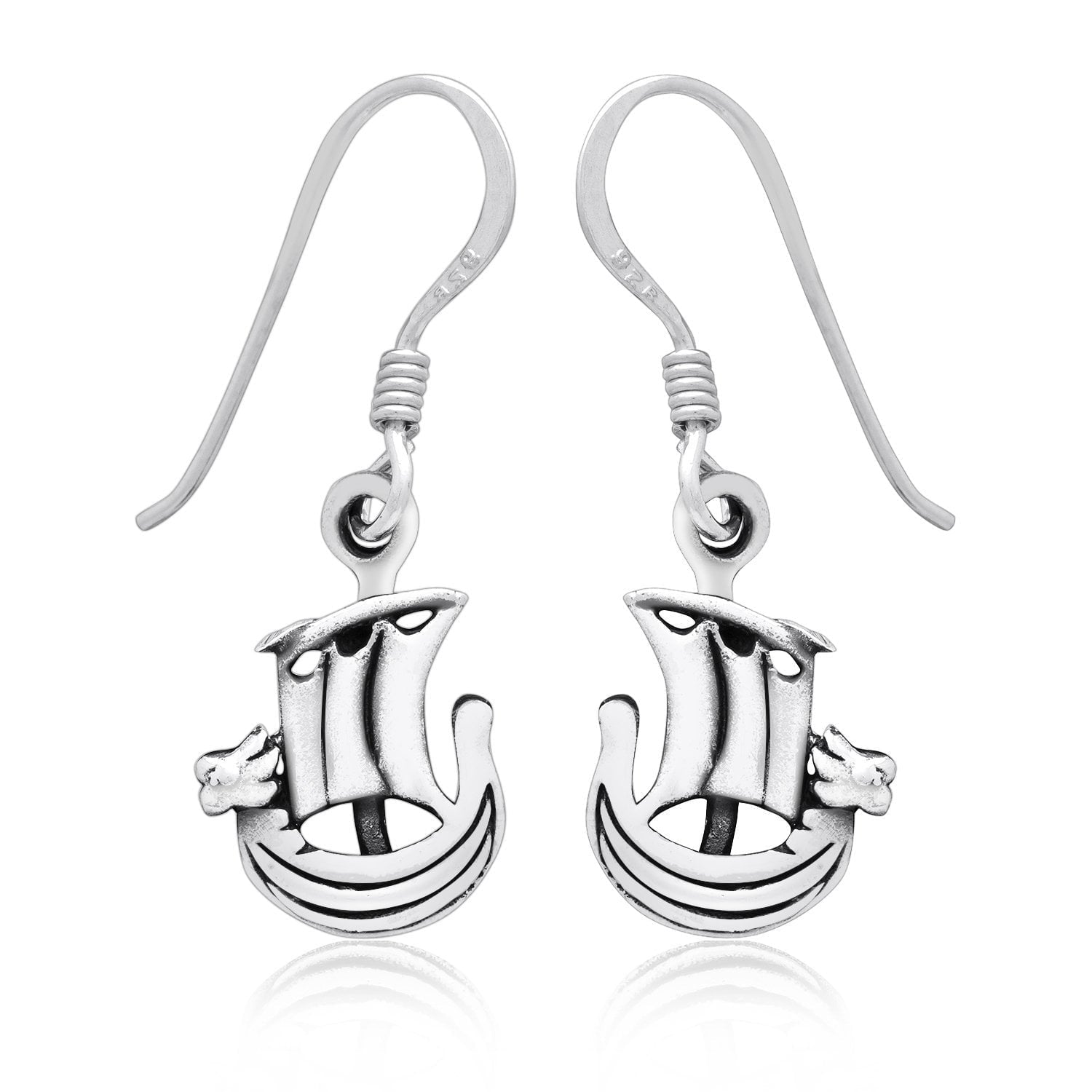 925 Sterling Silver Viking Norse Boat Dangle Earrings