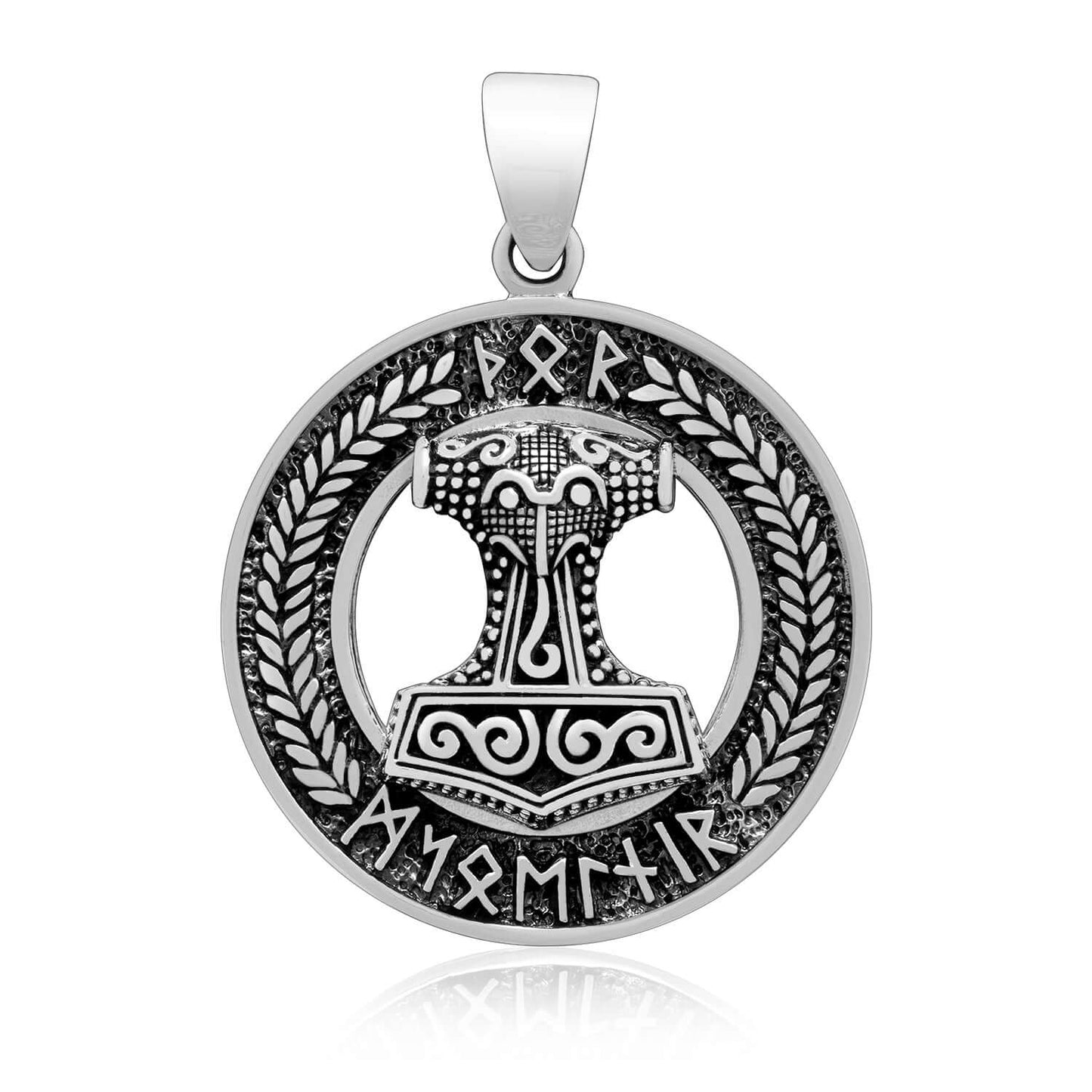 925 Sterling Silver Mjolnir Pendant with Norse Runes Script - SilverMania925
