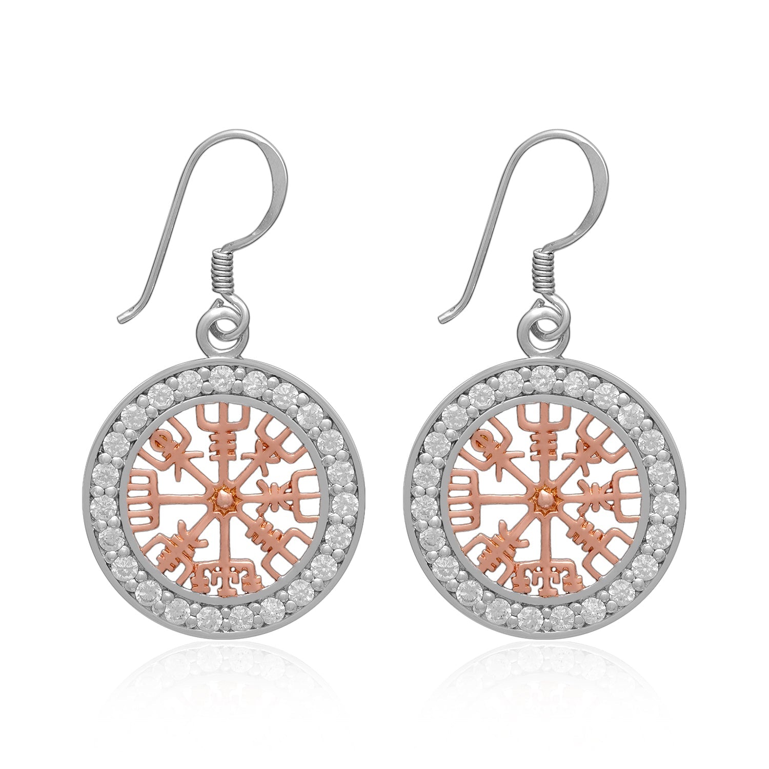 Sterling Silver with Rose Gold Viking Vegvisir and Cubic Zirconia Earrings - SilverMania925