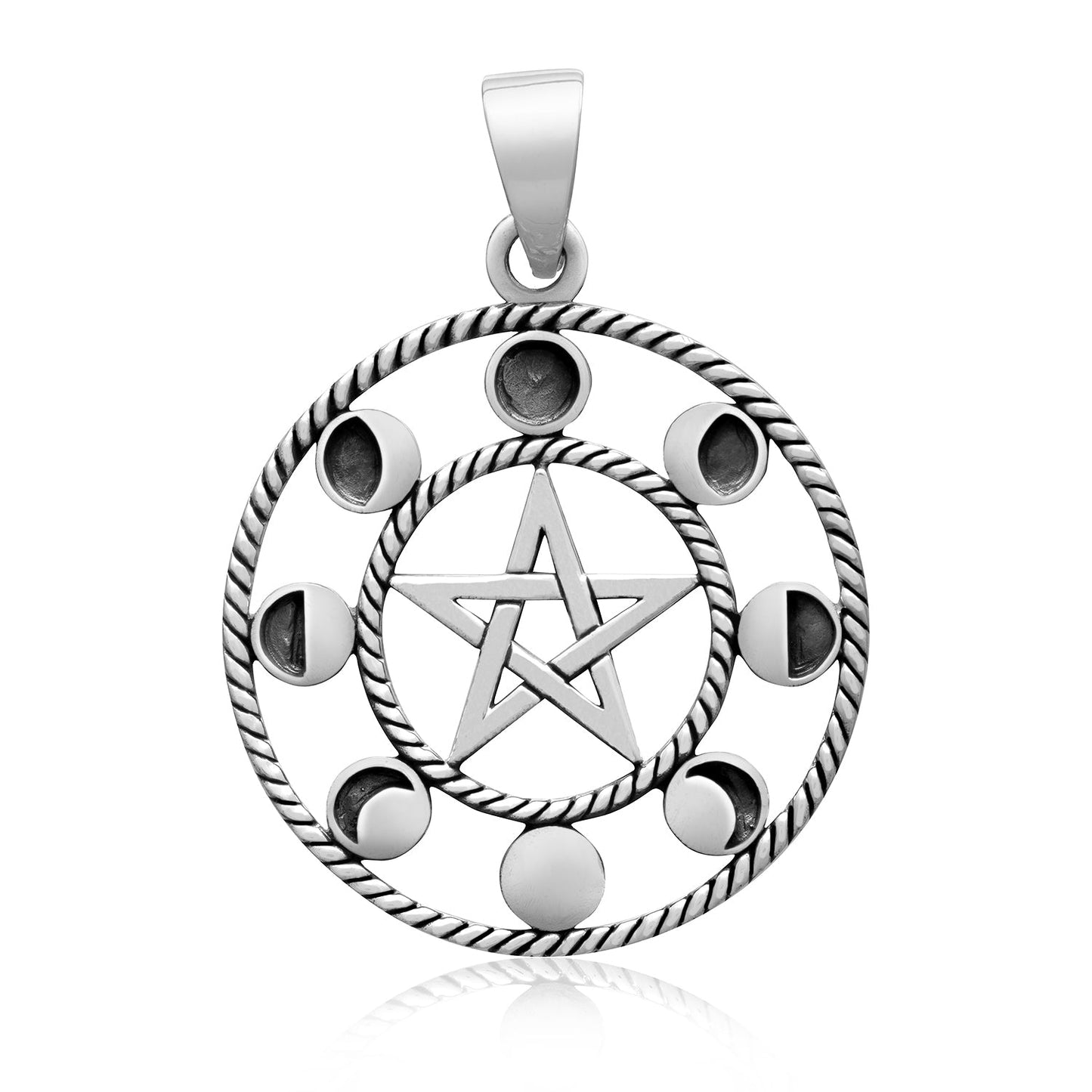 Sterling Silver 8 Moon Phases Pendant with Pentagram - SilverMania925